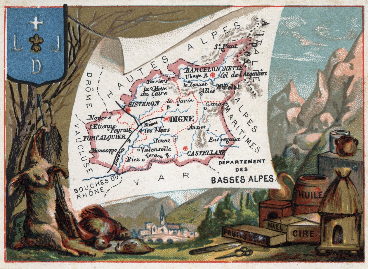 Les Basse Alpes, Today department of the Alpes-de-Haute-Provence, France. Local speciality: hunting, wax, honey, dried fruits and oil. Series on the French Departments. Chromolithography 