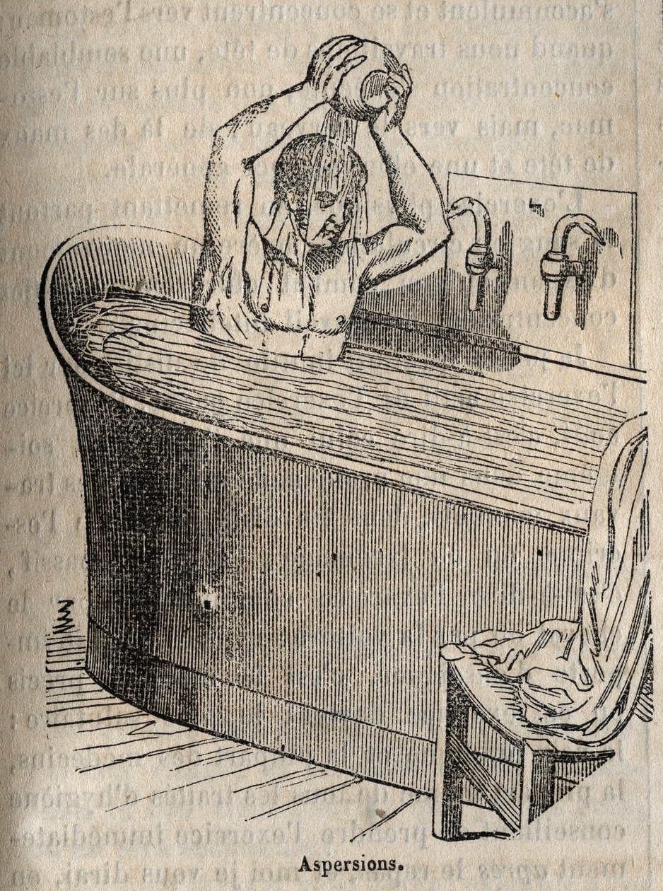 The gestures of the bath - Hygiene in the 19th century - man in a bathtub - engraving in "La Sante Universelle - Guide Medical des Familles" 1852 by French School