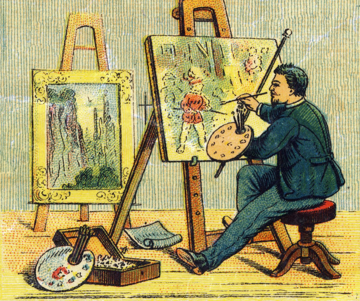 Letter A: painter in his studio. Engraving in "ABC indechirable on varnished canvas". A. Capendu, editor, Paris, late 19th century. Children