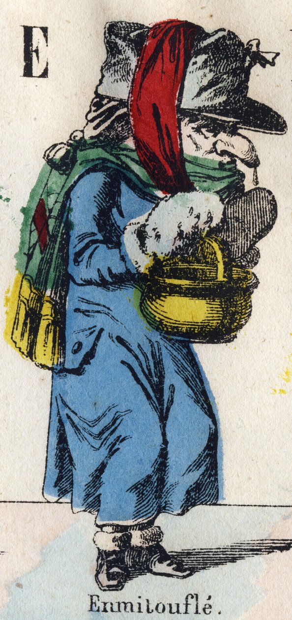 Letter E: Wrap. Engraving in "Comic Alphabet". New Epinal Imaging. Lithography Pinot et Sagaire, between 1860 and 1888 by French School