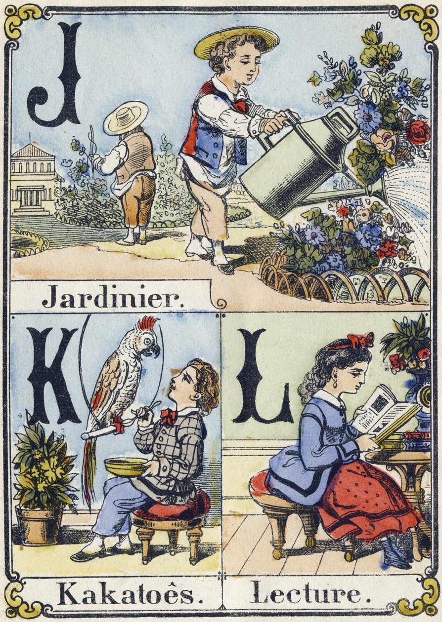 Letter J, K and L: Gardener, Kakatoes and Reading. Recreative Alphabet. Epinal Imaging, circa 1880 by French School