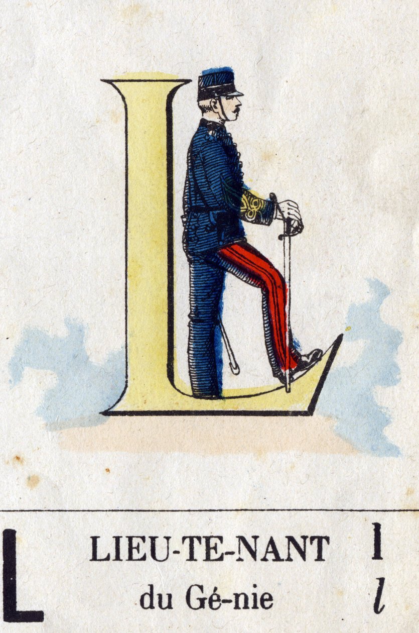 Letter L as lieutenant. Military alphabet. Imaging of Epinal, circa 1870-1880. Stencil-coloured woodcuts by French School