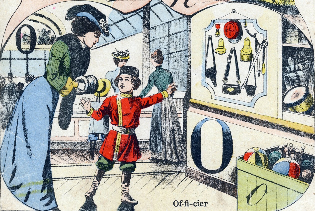 Letter O: Officer. Engraving in "ABC des joux pour petits boys". Late 19th century by French School