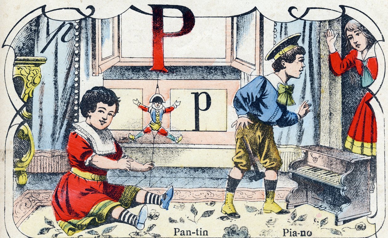 Letter P: Pantin Piano. Engraving in "ABC des joux pour petits boys". Late 19th century by French School