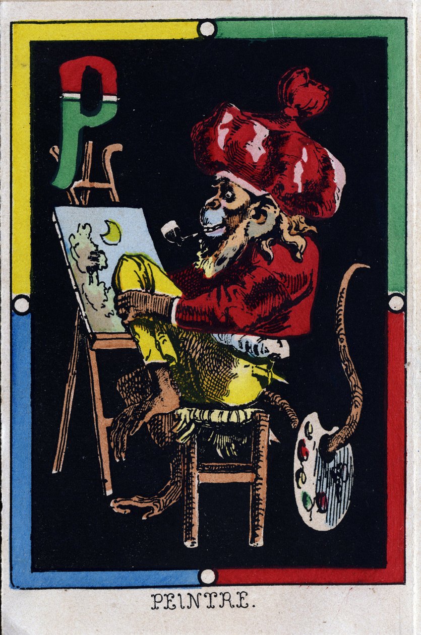 Letter P as painter. Alphabet of monkeys. Wood engraving. Imaging of Epinal by French School