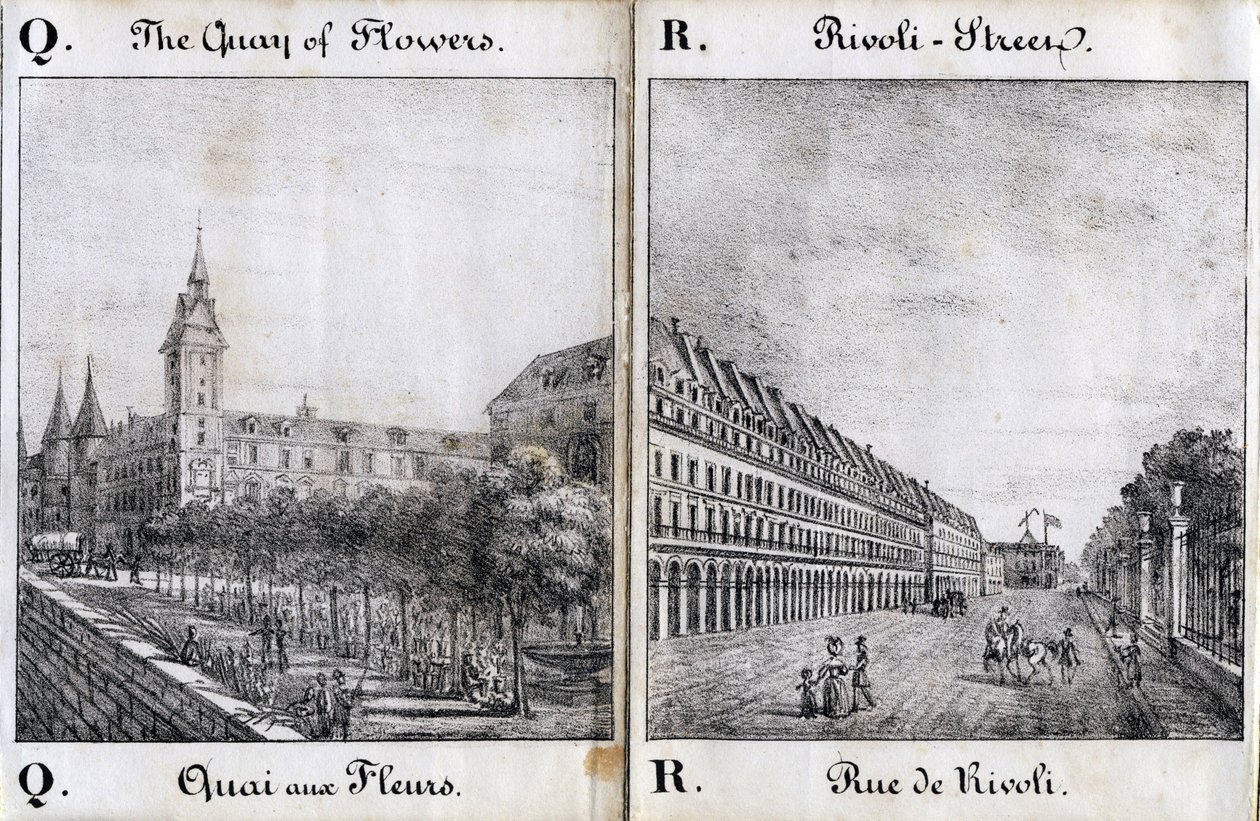 Letter Q and A: The flower dock and the street of Rivoli - Alphabet Picturesque des Monumens de Paris c.1840 (engraving) by French School