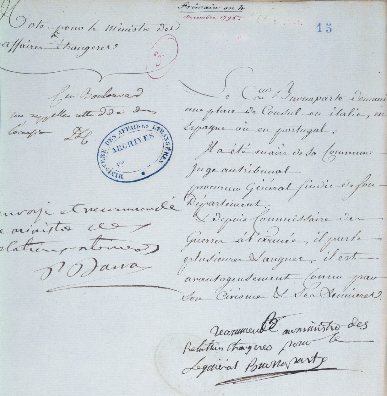 Letter of recommendation signed by Napoleon Bonaparte for his brother, Joseph, December 1795 by French School