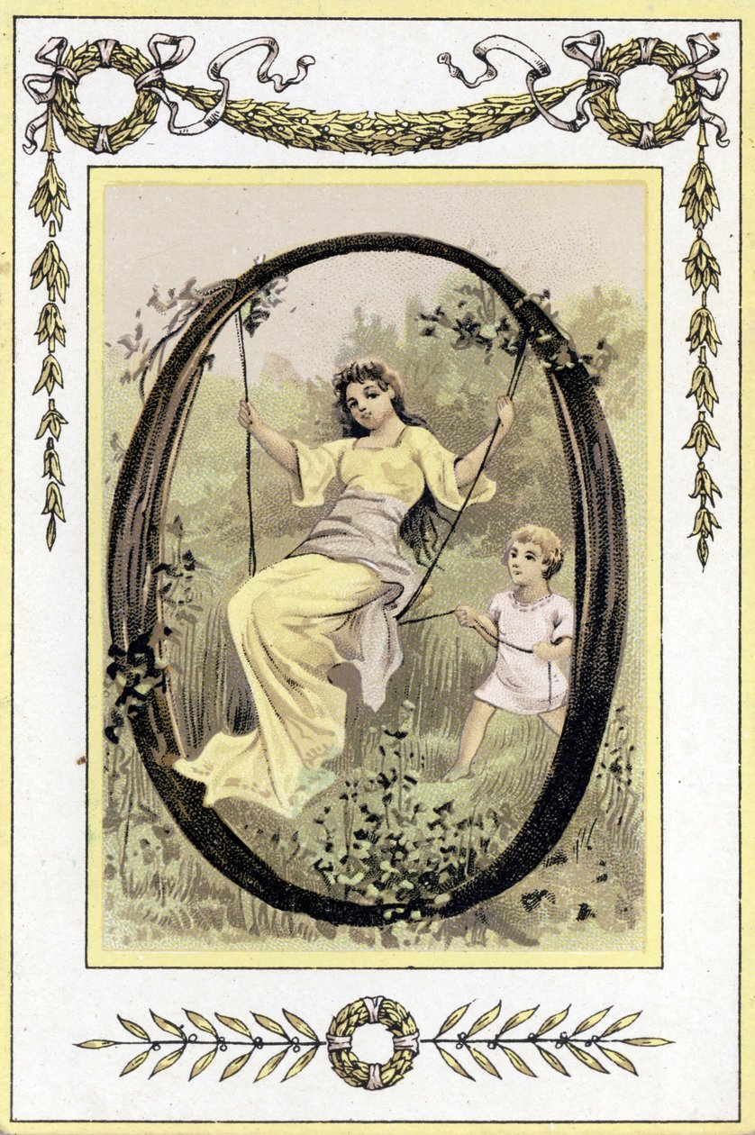 Letter representing a swinging mother and her son, late 19th century by French School