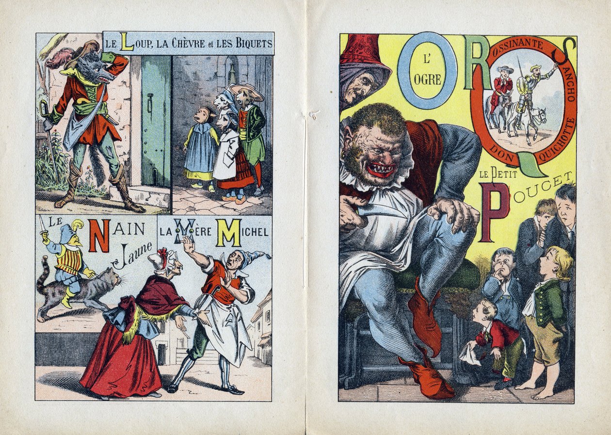 Letters: L M N O P Q R S (central double page). The wolf, the goat and the biquets, La Mere Michel, Le Nain jaune, L