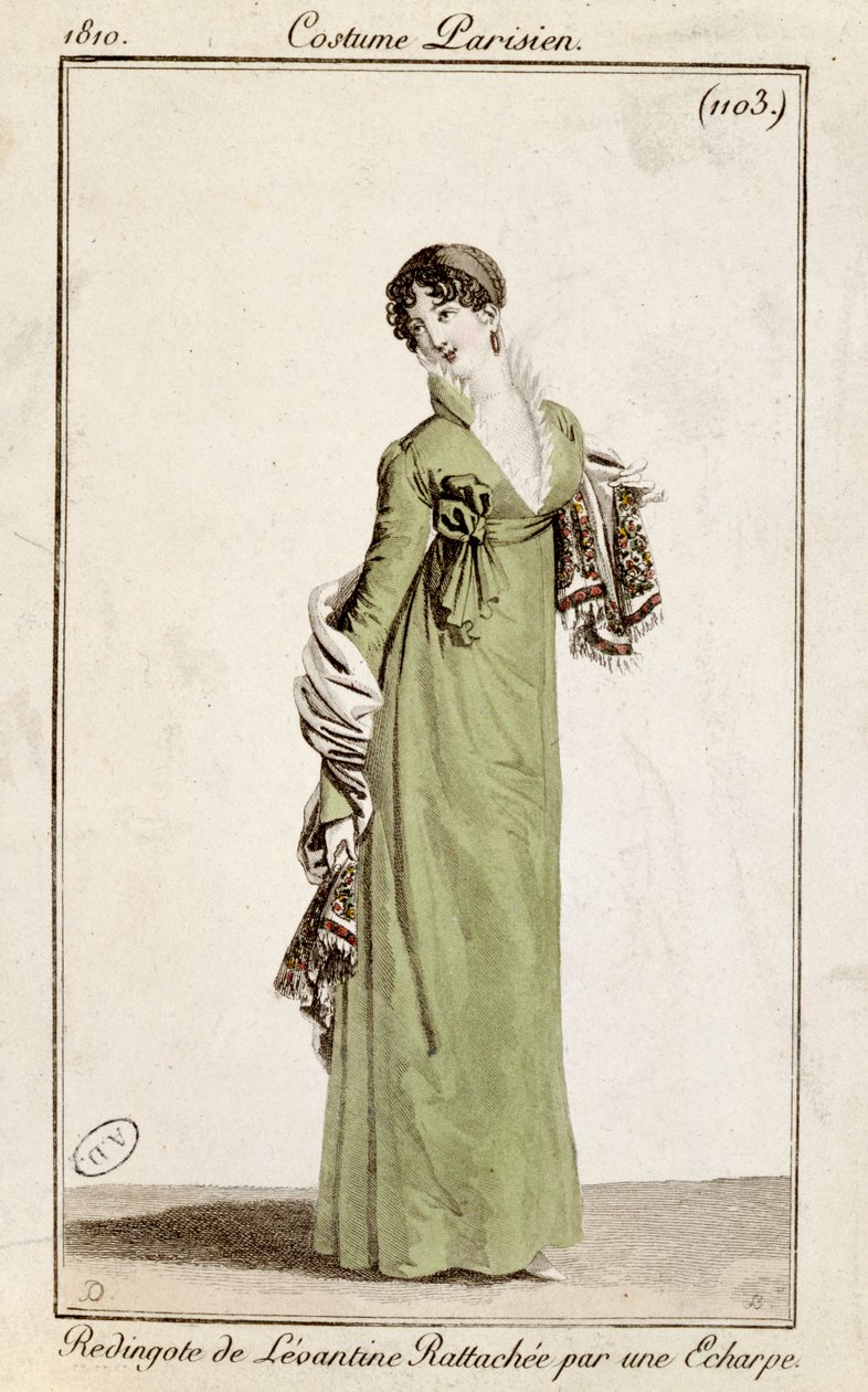 Levantine frock coat fastened by a scarf, fashion plate from Costume Parisien by French School