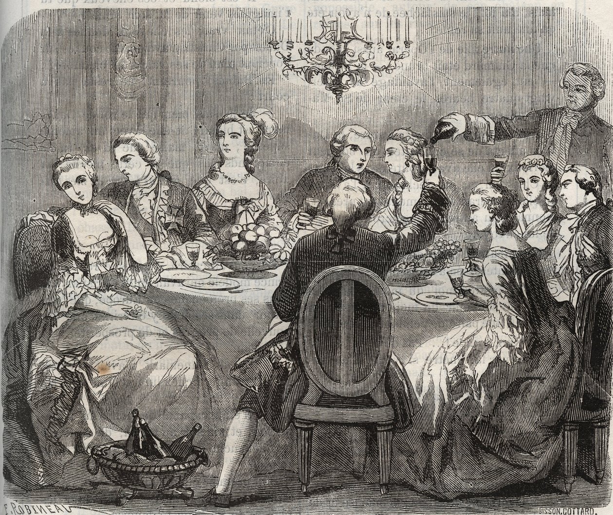 Libertinage: Christian VII, King of Denmark and Norway, during a libertine feast organized by the dancer Marie Madeleine Guimard in her house of Pantin. Engraving from 1871 in 