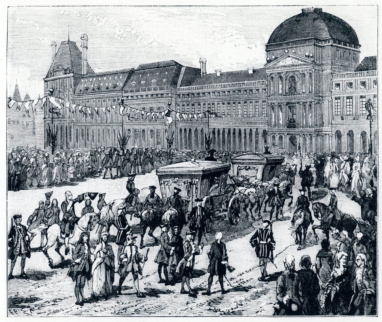 Life under Louis XV: The King Arriving at the Palais des Tuileries, where the Queen and the Dolphine Await Him - in "Paris through the Centuries" by Gerouillac by French School