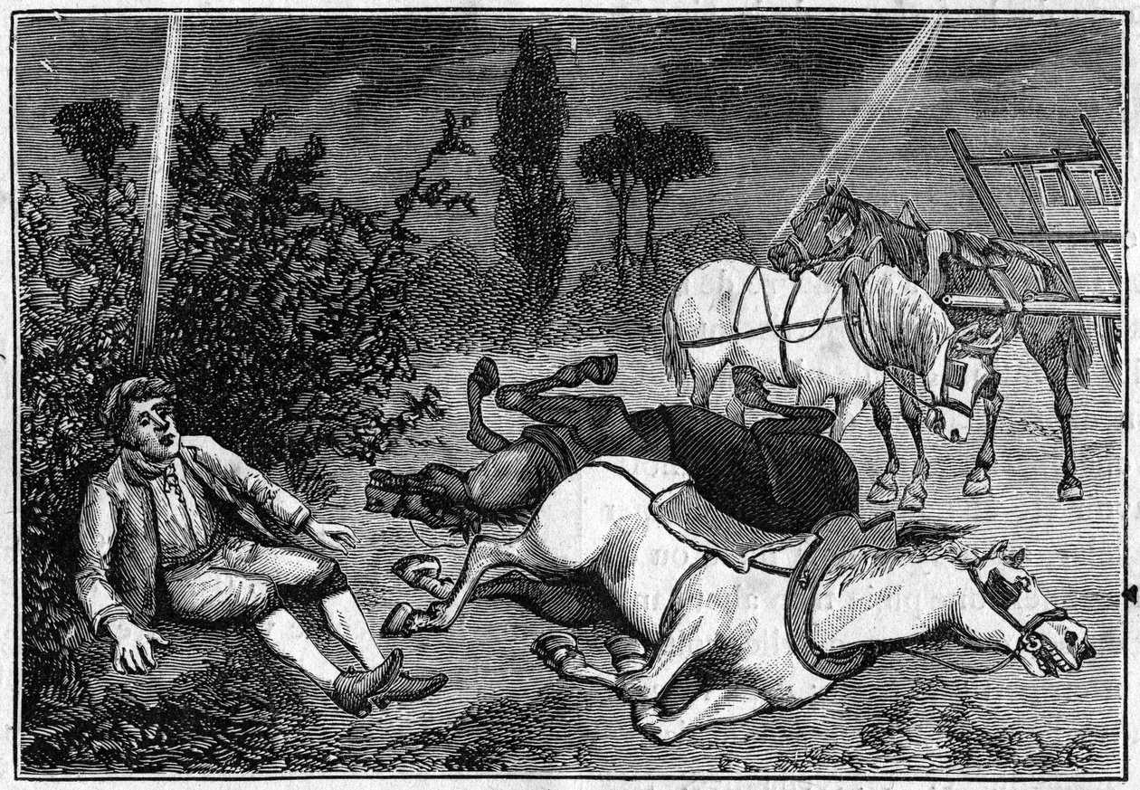 Lightning: A man finds sitting under a bush beside his four killed horses by French School