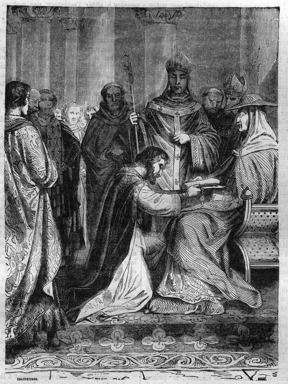 Lotharia I (795-855) at the feet of Pope Adrien II (792-872). Engraving in 