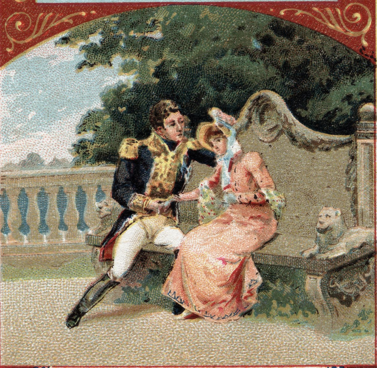 Louis Alexandre Berthier (1753-1815), Prince of Wagram, with Madame Visconti, his mistress, at the Chateau de Grosbois. Chromolithography of the late 19th century by French School