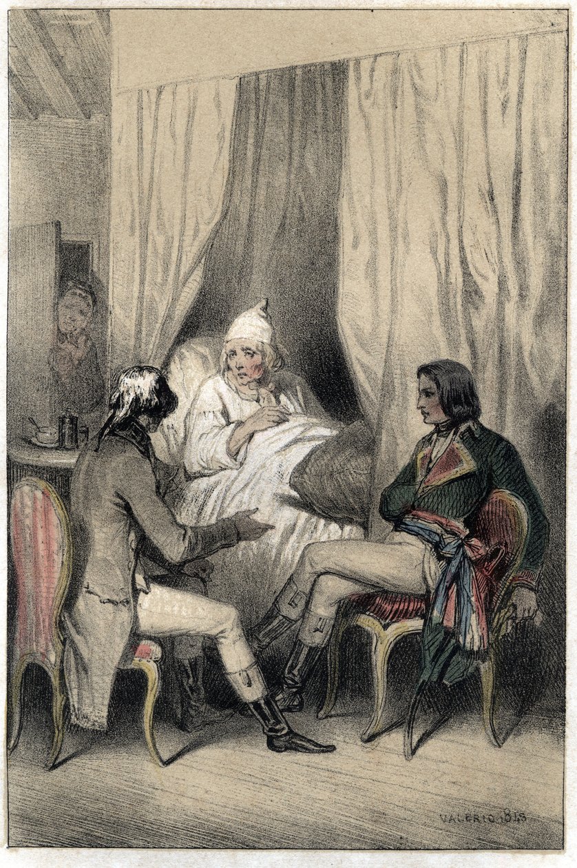 Louis Antoine Fauvelet de Bourienne (1769-1834), French diplomat and administrator, and General Napoleon Bonaparte (1769-1821) asked a sick old capitalist for money for the Italian campaign. Plate taken from 