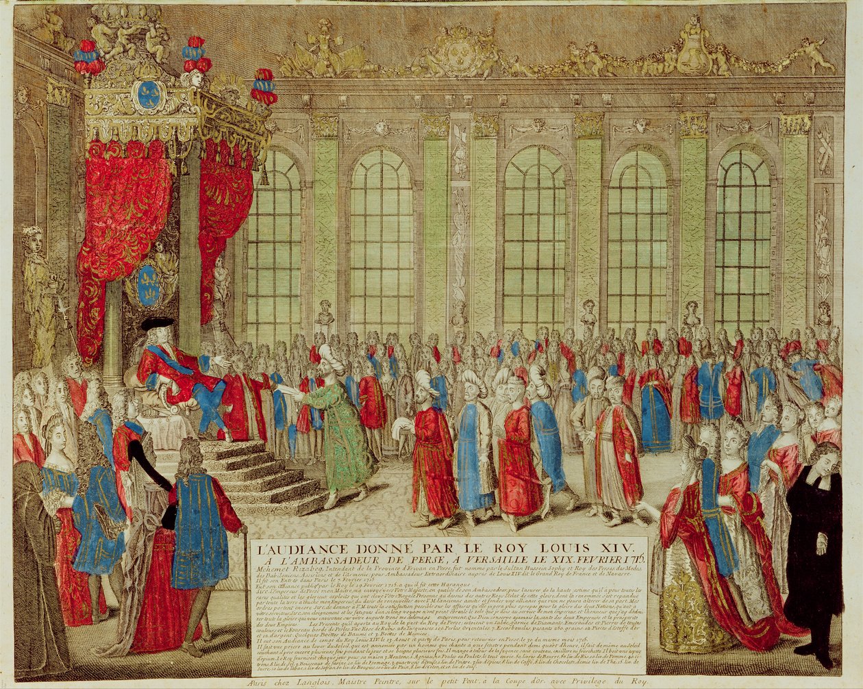 Louis XIV receiving the Persian Ambassador Mohammed Reza Beg in the Galerie des Glaces at Versailles, 19th February 1715 by French School
