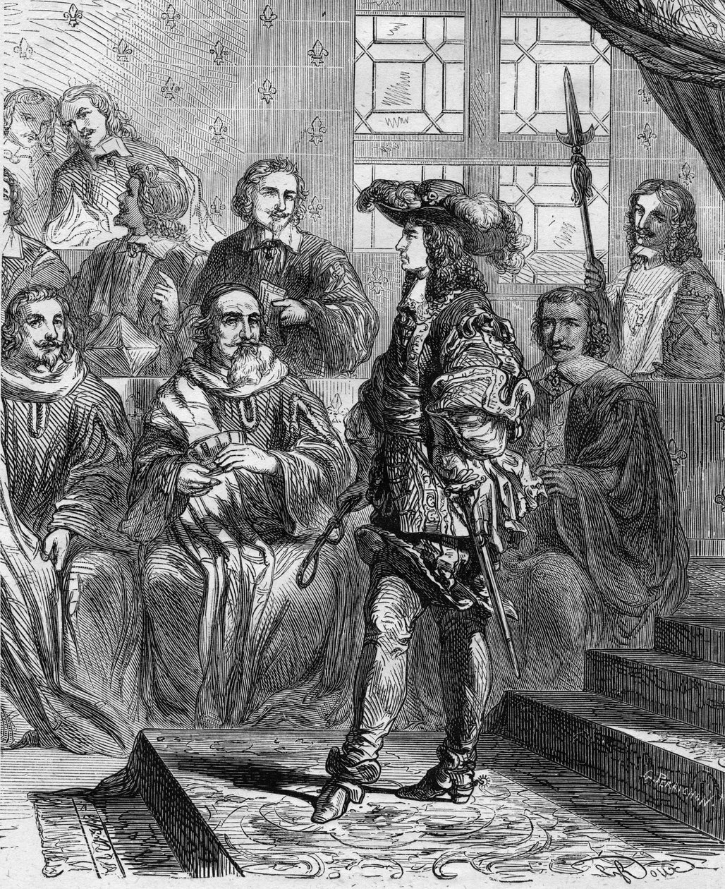 Louis XIV was 17 years old in 1652 before the parliament and forced the president to dissolve the assembly. Engraving from 