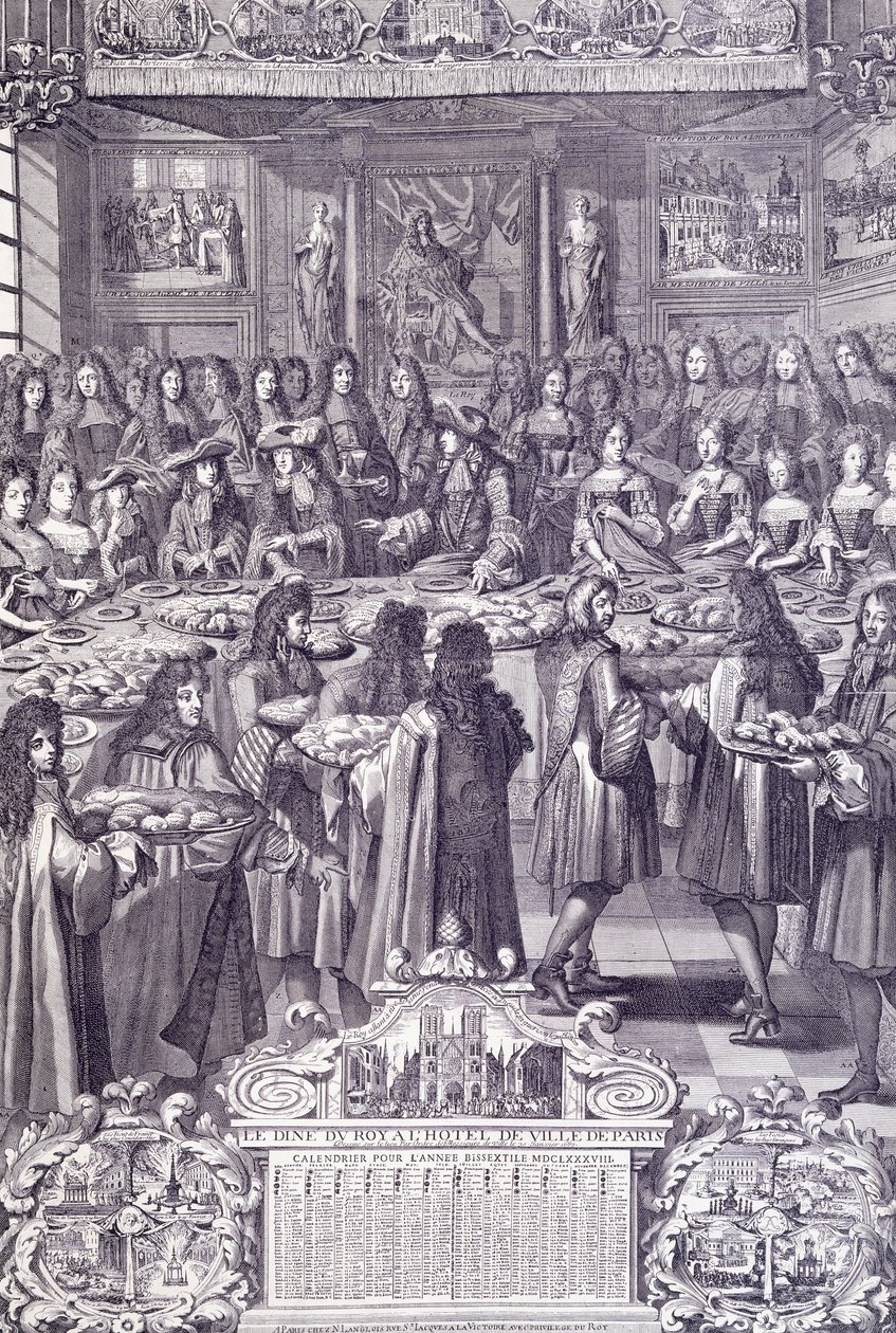 Louis XIV, love and delight of his people, engraving from Almanacco by French School