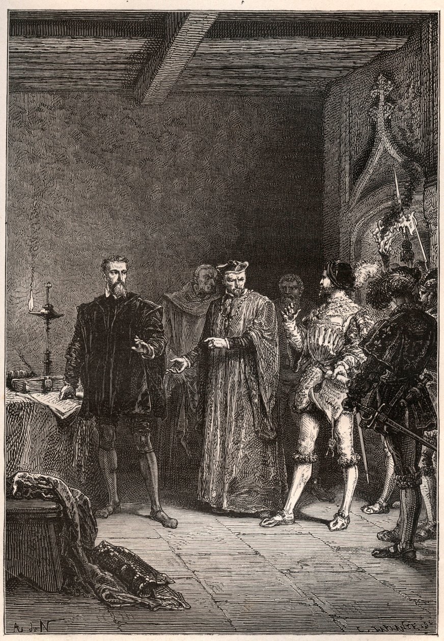 Louis de Berquin (1485-1529), knight and humanist, religious reformer, liberated by Jean de la Barre (1523-1533) prevot de Paris - Louis de Berquin (left) released from prison by John de la Barre - engraving from 