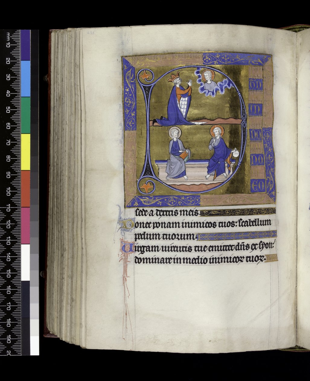 MS 300 f.125v, David prays to God (above); God with orb and Christ with book seated on bench (below), from the Psalter and Hours of Isabella of France, Paris, c.1265-70 by French School