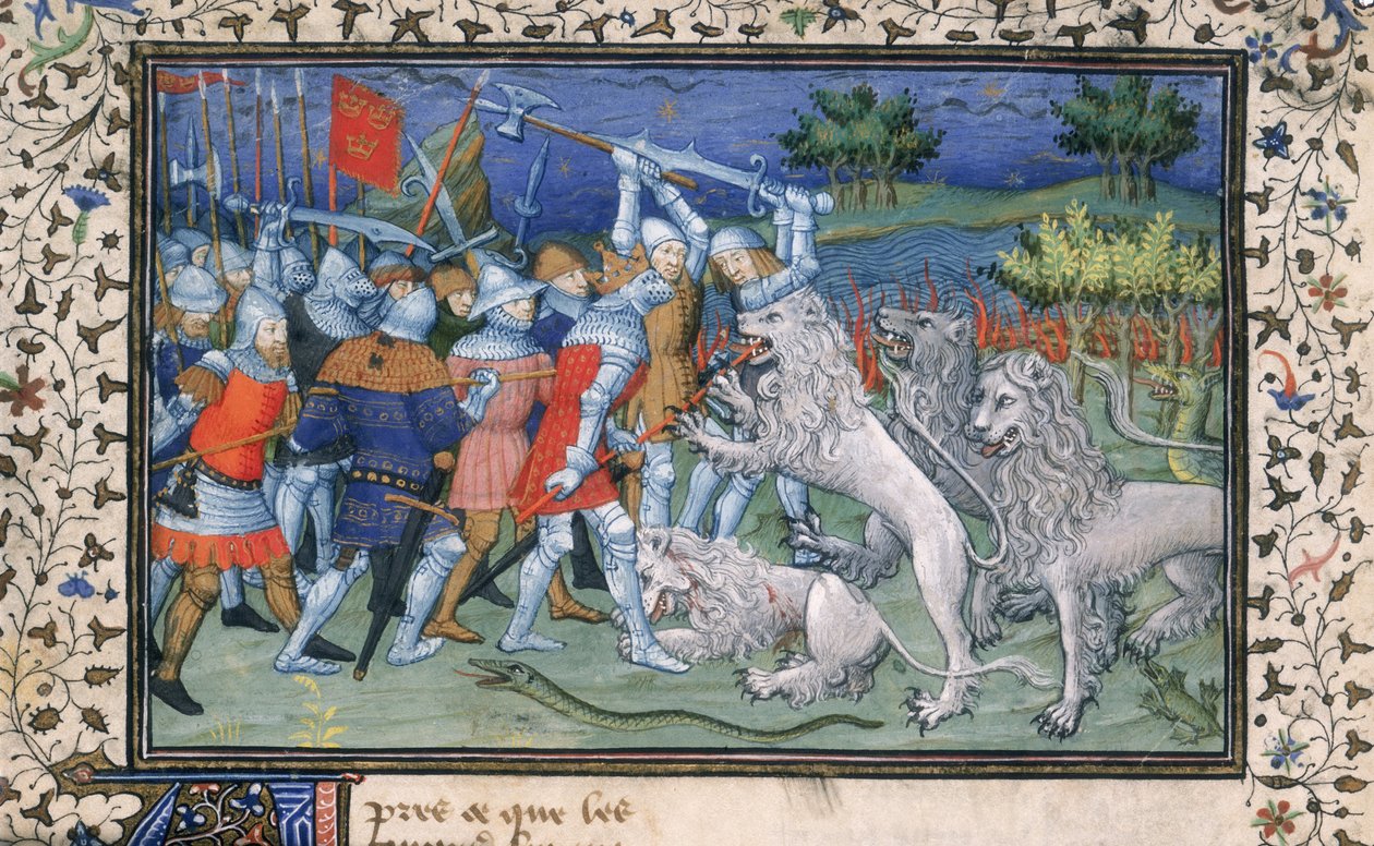 Alexander the Great (356-323 BC) battles with white lions, from 