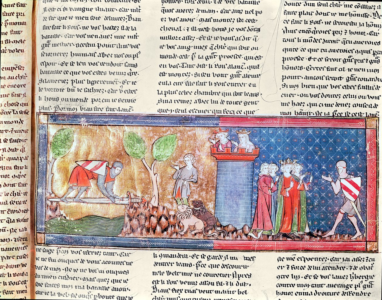 Lancelot proves his love of Guinevere by crossing a river bridged by a sharp sword, from the Roman de Lancelot du Lac, 1344 by French School
