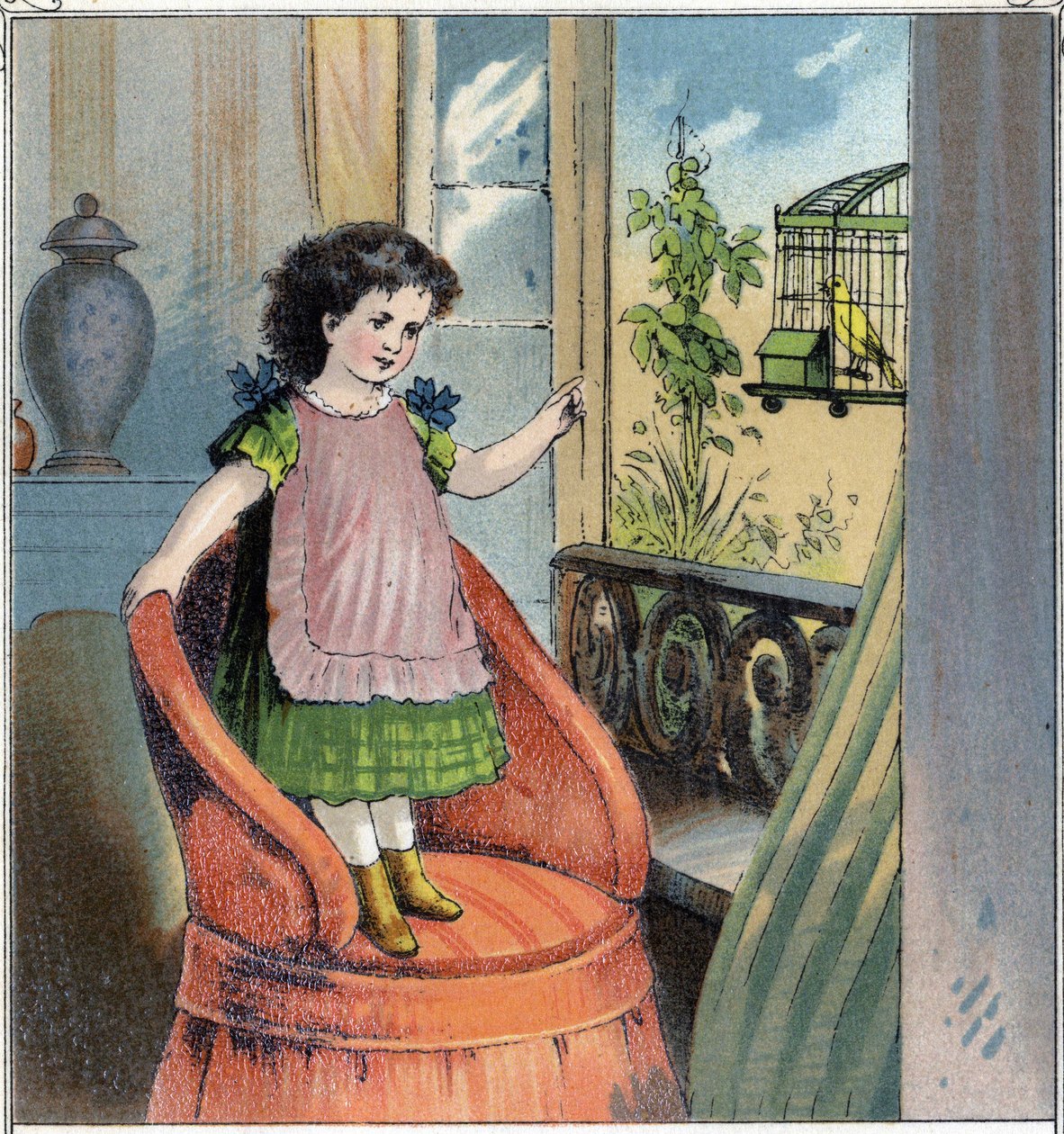 Madeleine, the little girl, received a serin for her birthday: this one is in a cage and despite the affection the child bears him, he regrets his freedom and feels a prisoner by French School