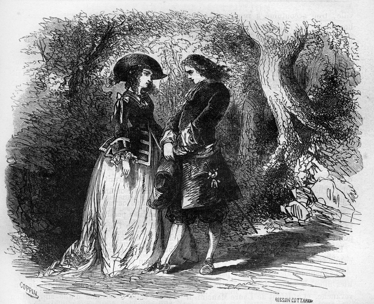 Mademoiselle de Pons met her young lover Malicorne around 1653. Engraving in 