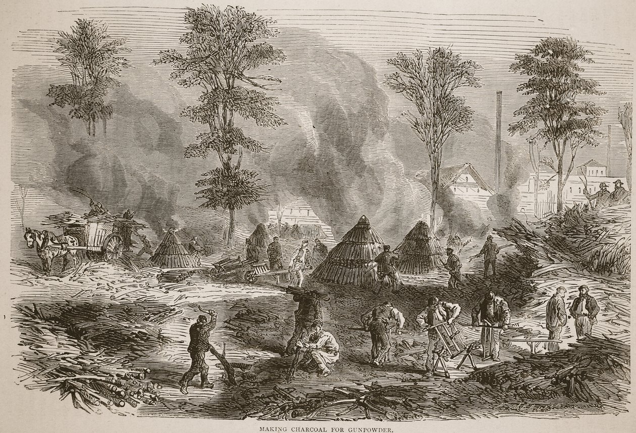 Making charcoal for gunpowder, illustration from Cassells History of the War between France and Germany, 1870-1871 by French School