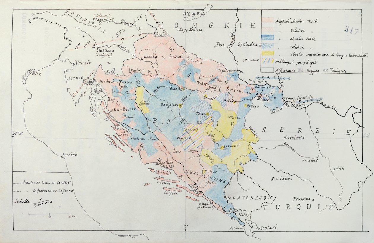 Map of Bosnia with Details of the Areas Occupied by Minority Ethnic Groups, 1910 by French School
