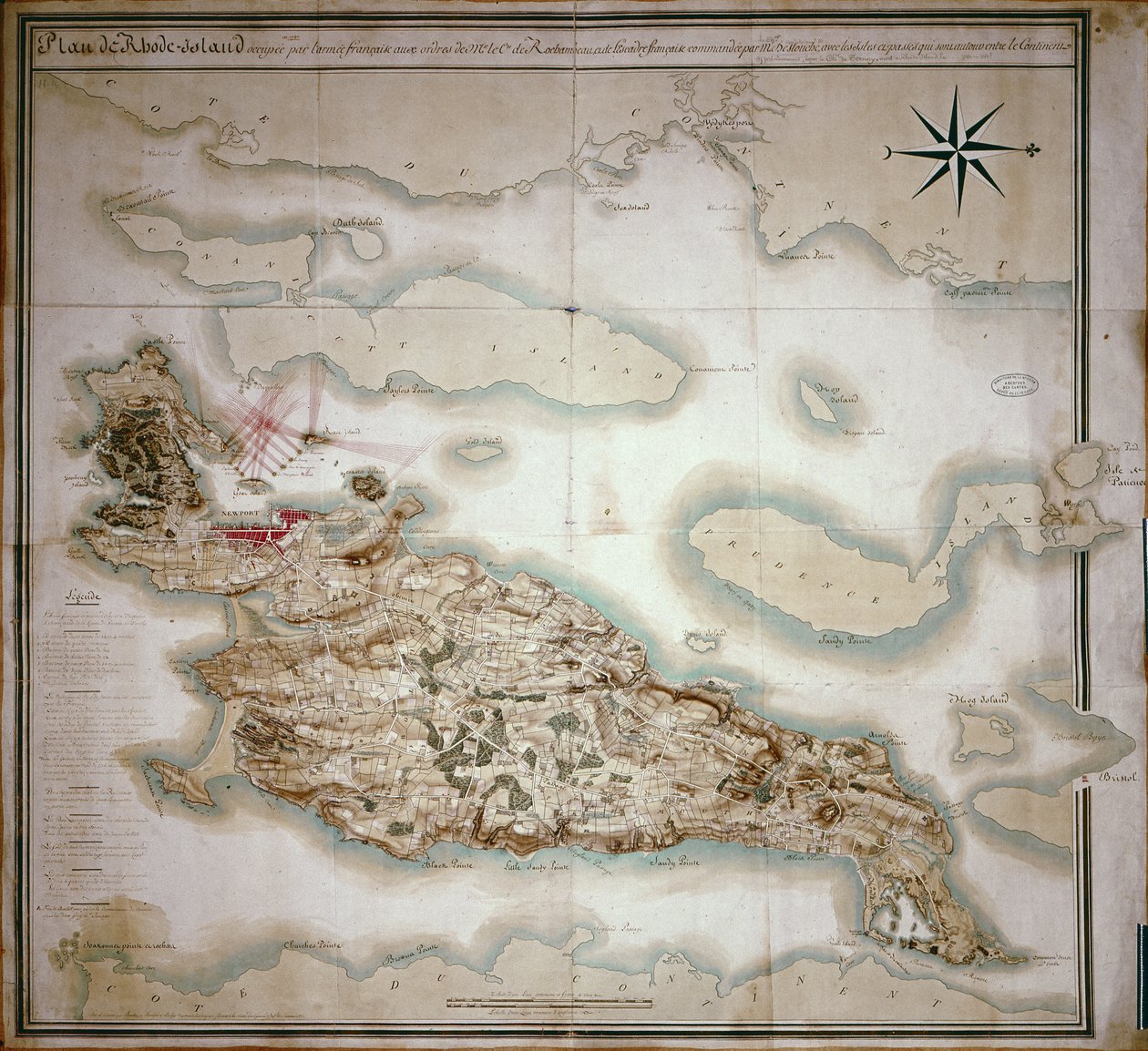 Map of Rhode Island at the time of its occupation 1780-81 by the French Army on the orders of Jean-Baptiste de Vimeur Count of Rochambeau by French School