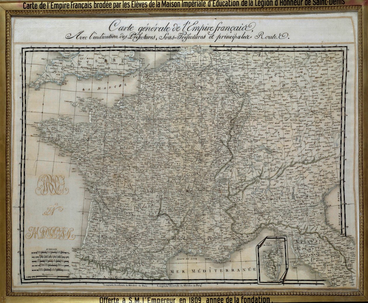 Map of the French Empire (First Empire) embroidered by the students of the imperiale house of the Legion of Honour of Saint Denis. Embroidery picture from 1809. Ile d