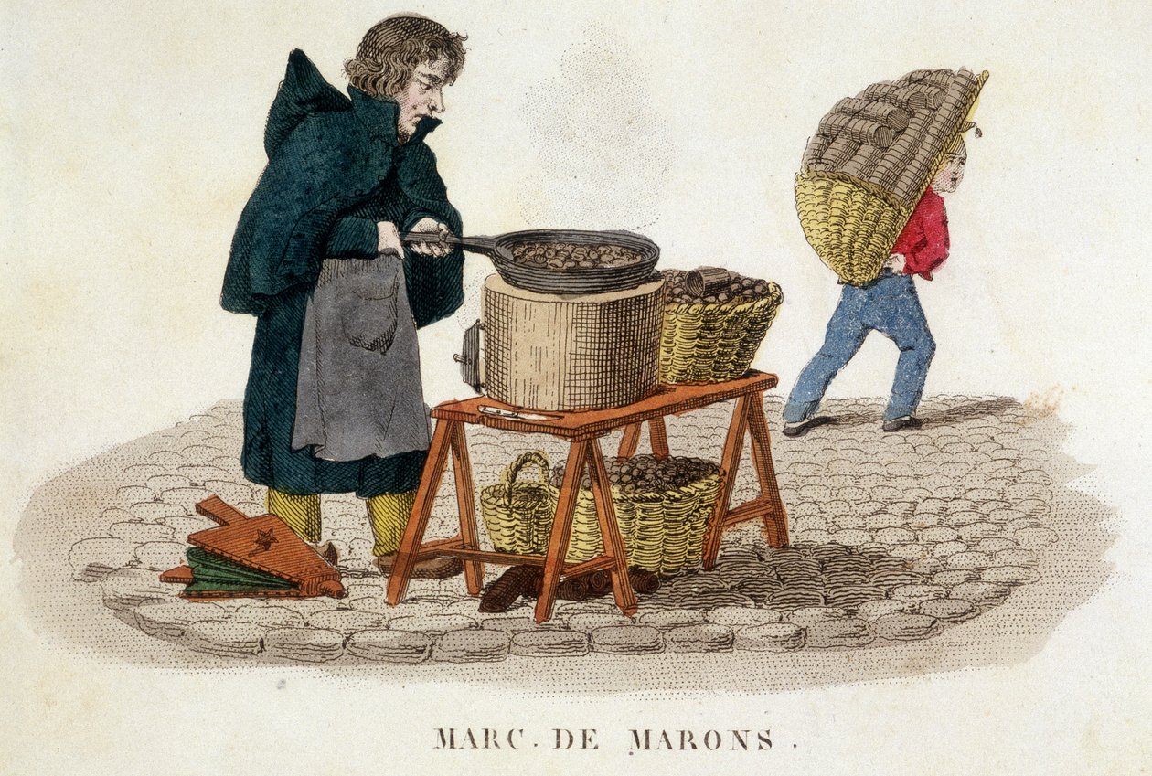 Marchand of chestnuts - engraving by French School
