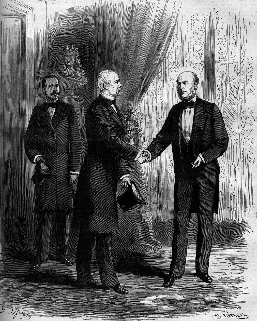 Marechal Patrice de Mac Mahon congratulates his successor to the presidency of the French Republic, Jules Grevy. Engraving in Le Monde Illustré n°1141 of February 8 by French School