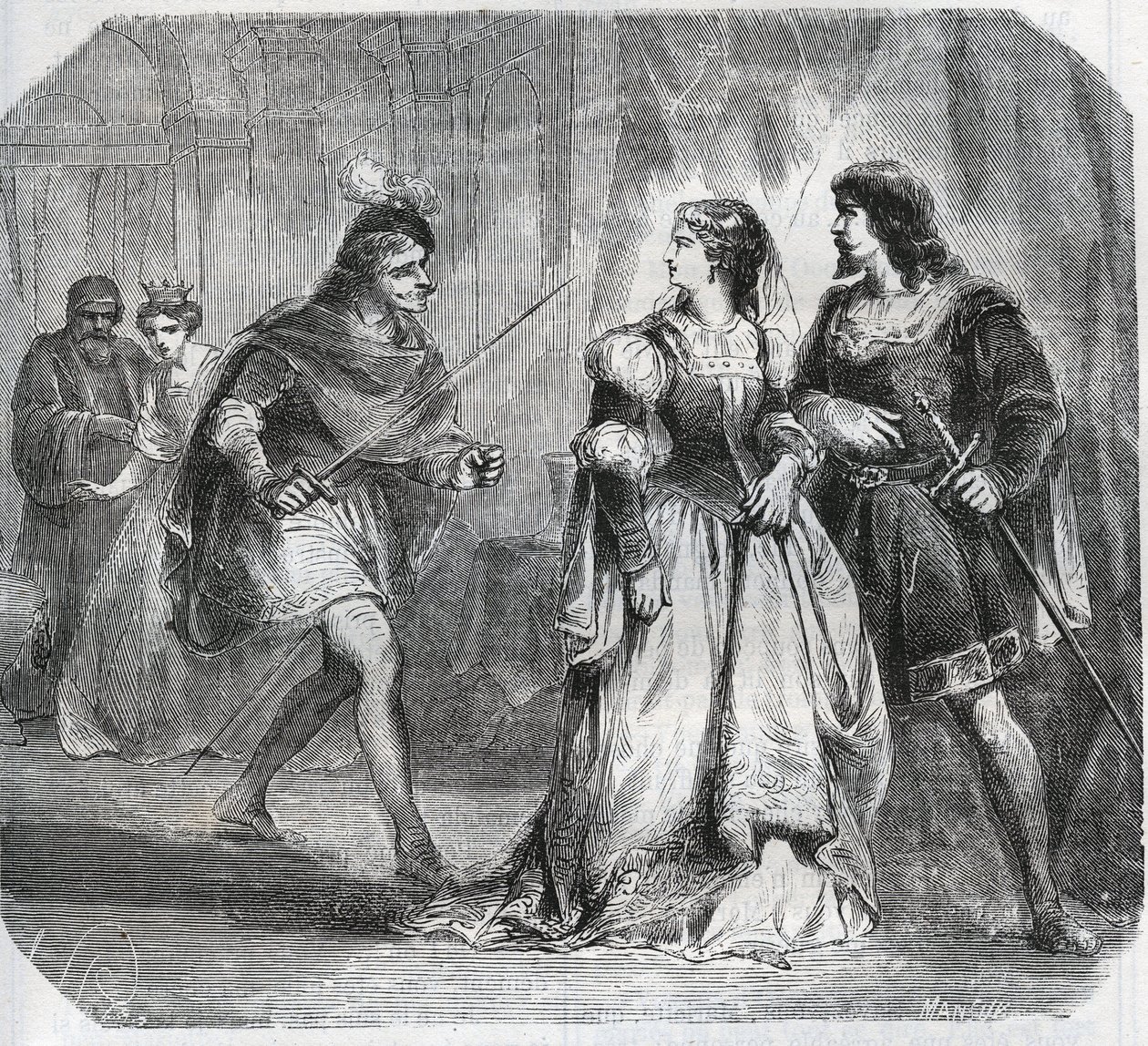Marguerite de Baviere, Duchess of Burgundy (1363-1423) and Queen Isabeau of Baviere (1371-1435) separate Louis I of Valois, Duke of Orleans (1372-1407) and Jean Sans Peur, Duke of Burgundy (1371-1419), who fight for the government by French School
