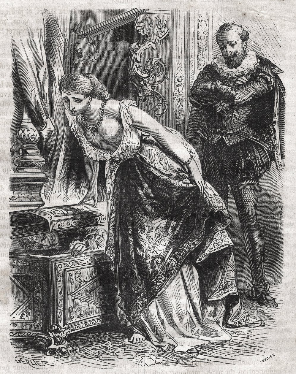 Marguerite de Valois hides Julien de Leris, her lover, in a safe. Her husband, King Henry IV of France, observes the scene with fun. 16th century. Engraving from 1871 in 