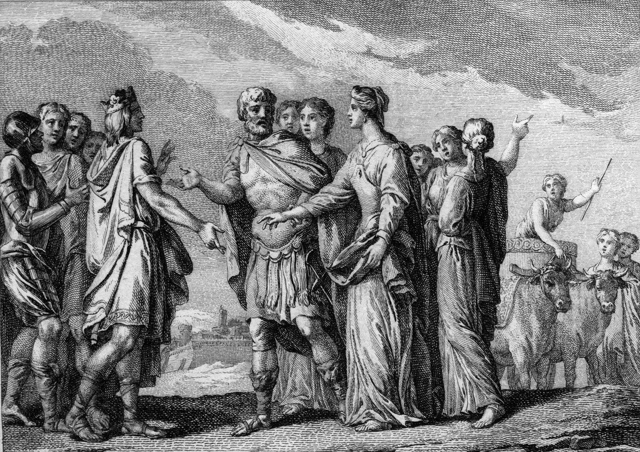 Marriage of Clovis I (466-511), King of the Franks, with Clotilde (Saint Clothilde, ca. 475-545) in 493. Engraving of the 18th century by French School