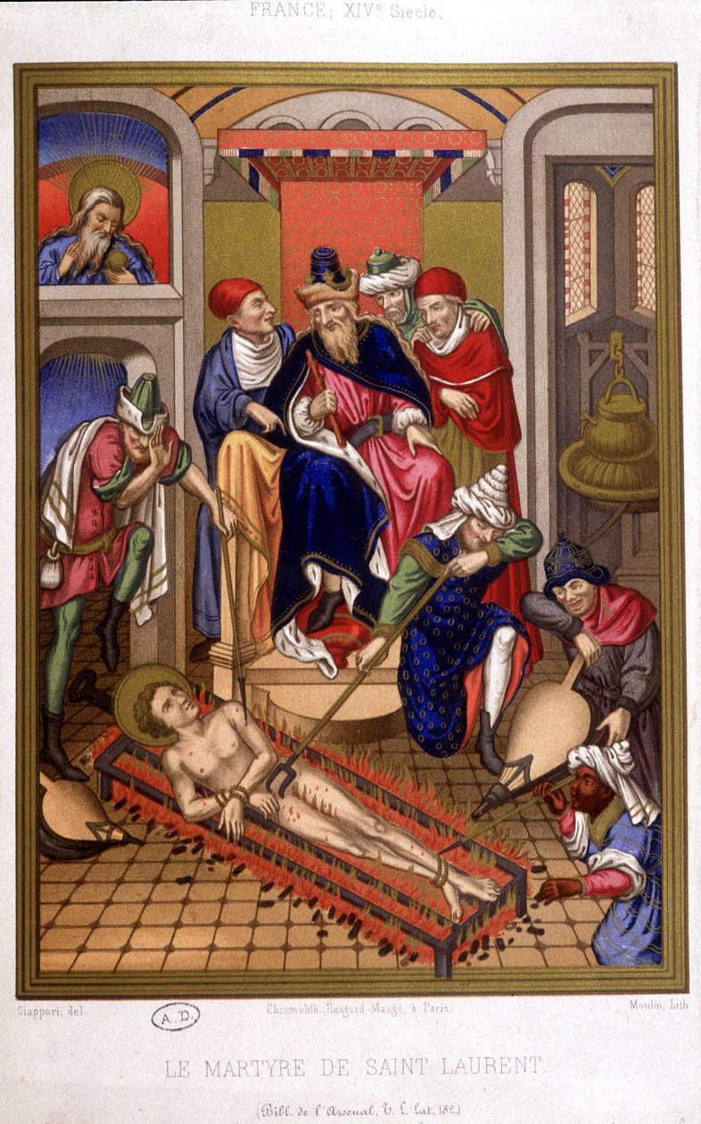 Martyrdom of Saint Laurent (grill) after miniature of the Middle Ages, France 14th century by French School