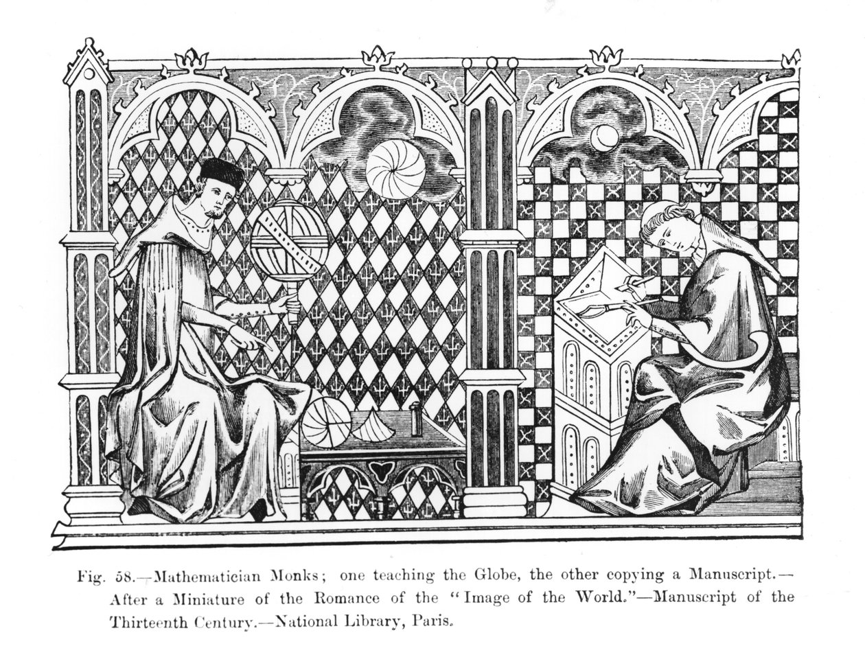 Mathematician Monks: One Teaching the Globe, the Other Copying a Manuscript, from the Manuscript Image of the World, Illustration from Science and Literature in the Middle Ages and the Renaissance by French School