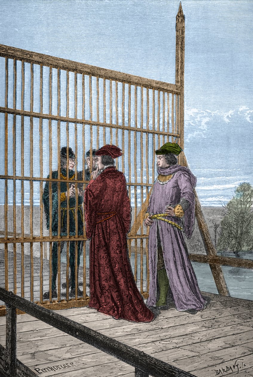 Meeting of King Edward IV and Louis XI of France at Pecquigny - Treaty of Picquigny on 29 August 1475 (Engraving in 