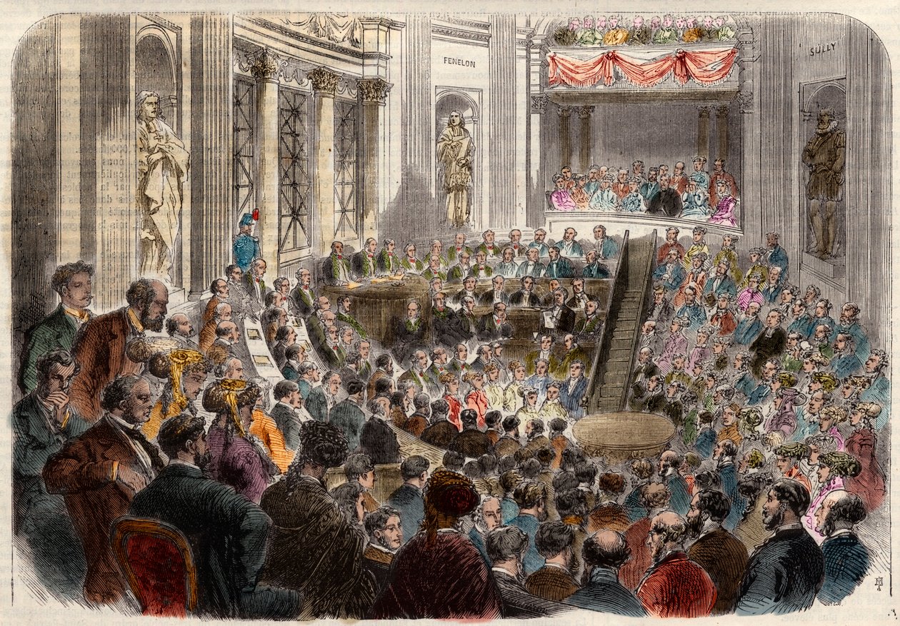 Meeting of the French academy on 23 April 1868. Reception of Monsieur Jules Favre (1809-1880), French politician. Engraving in L
