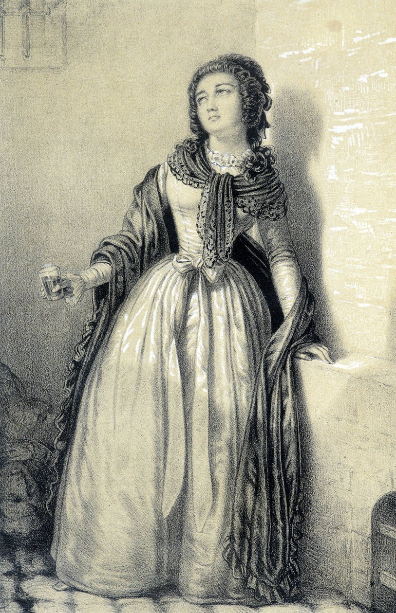 Mademoiselle de Sombreuil imprisoned at the abbey of Saint Germain drinking the glass of blood to save her father from the hands of the revolutionaries - in 