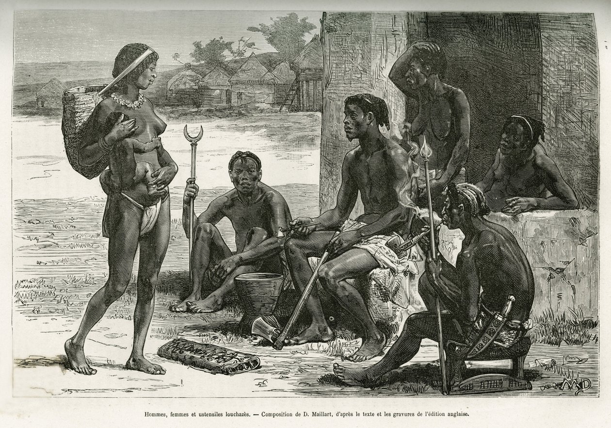 Men, Women and Utensils (Bihe Region, Rwanda). Engraving by D. Maillart, to Illustrate the Story How I Crossed Africa, from the Atlantic Ocean to the Indian Ocean, by Major Serpa Pinto, in 1877-1878, Published in the Tour du Monde, under the Direction of E by French School
