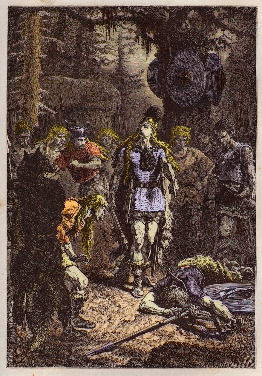 Merovingians: Clovis I shooting down the soldier who had broken the vase of Soissons, in 486 - Clovis (465-511) and the Frankish warrior who broke the Vase of Soissons in 486 - engraving from L