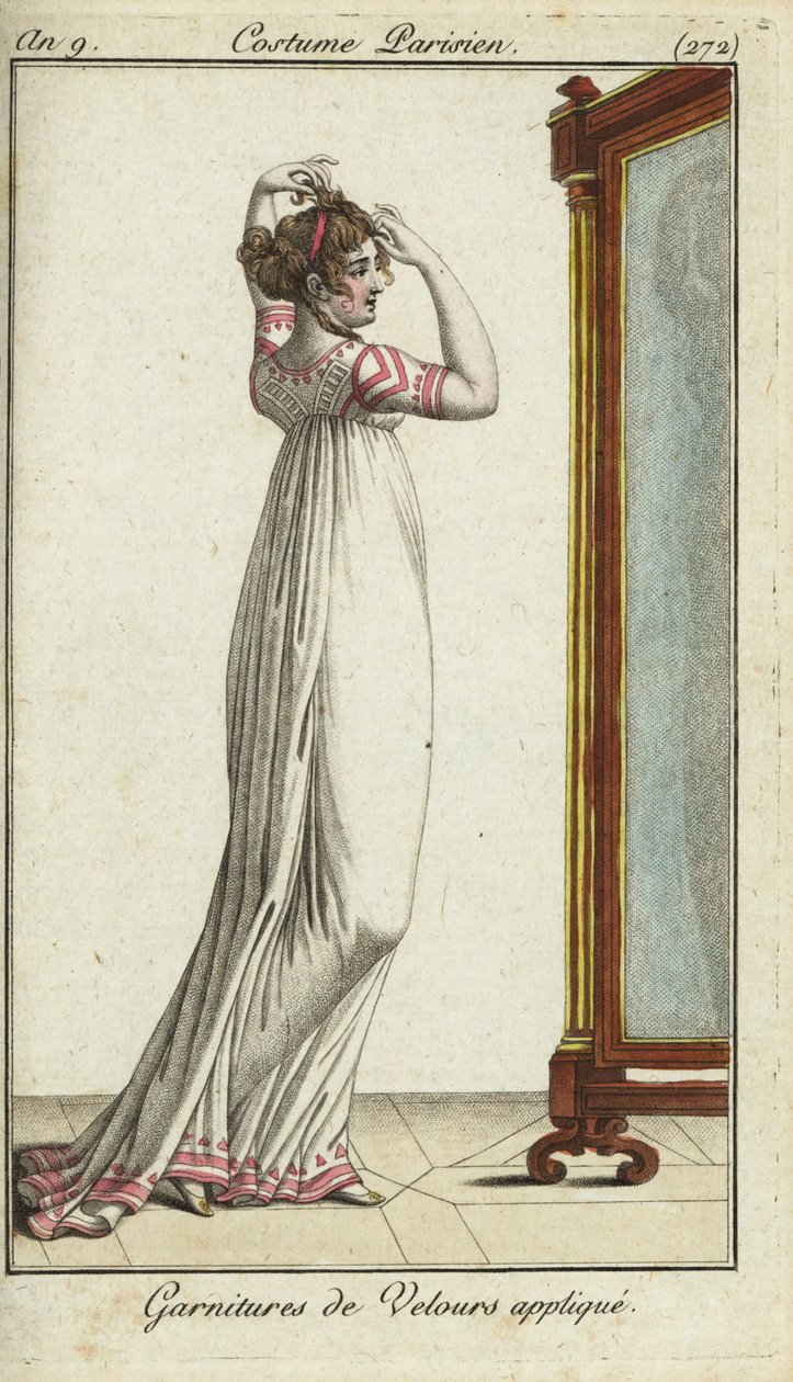 Merveilleuse fixing her hair in front of a mirror by French School