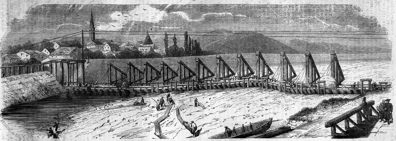 Meteorological phenomenon: desiccation of the Rhine in 1858. View of the Kehl Bridge (Germany), taken downstream of the French coast. Engraving in 
