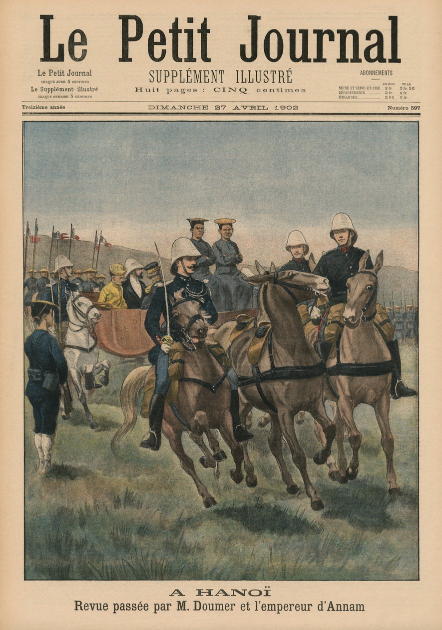 Military review by Paul Doumer, Governor General of French Indochina, and Emperor of Annam, Thanh Thai, in Hanoi, front cover illustration from Le Petit Journal, Supplement Illustre, 27th April 1902 by French School