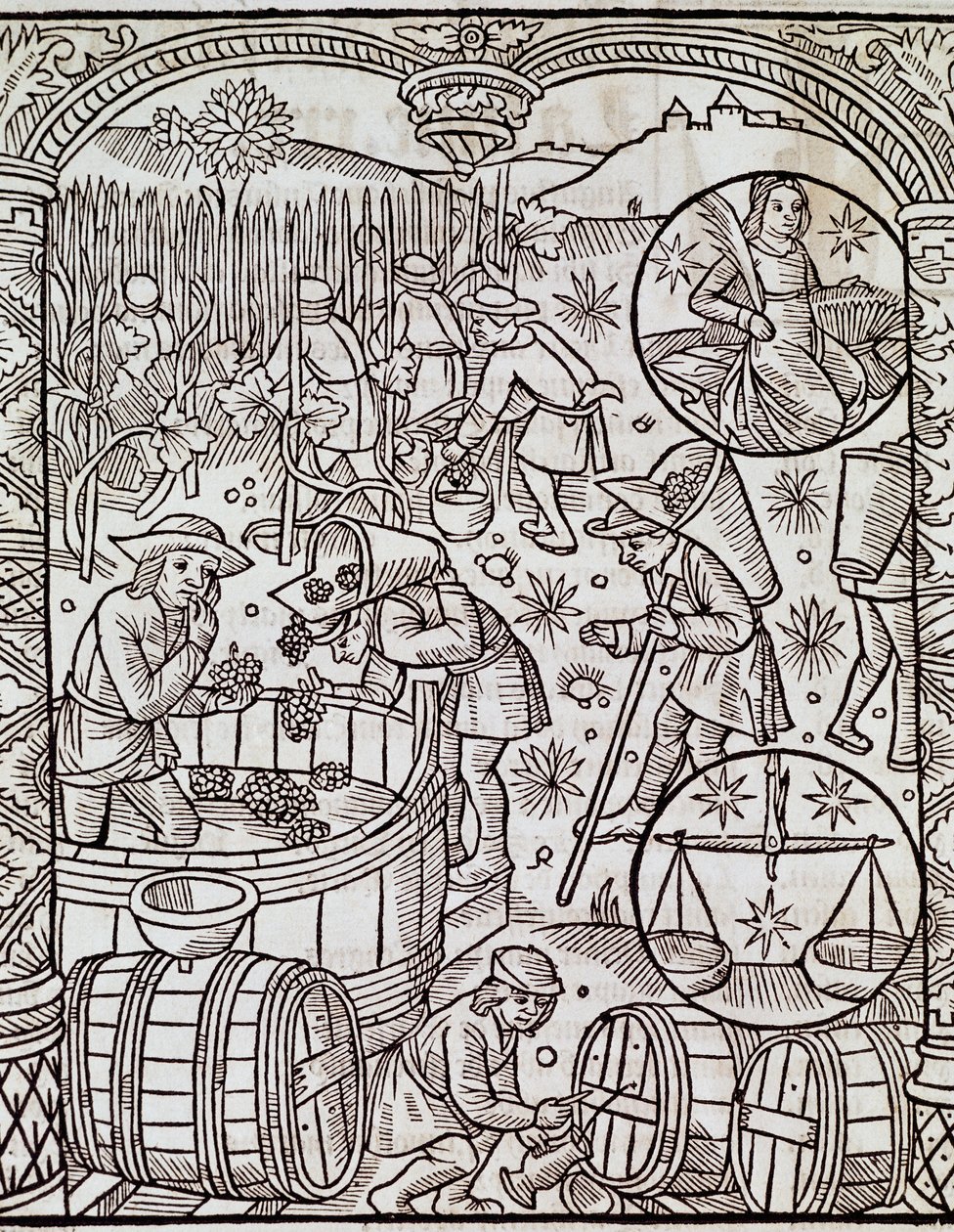 Month of harvest, with Virgo and Libra zodiac signs, from Le grand calendrier des bergers by French School