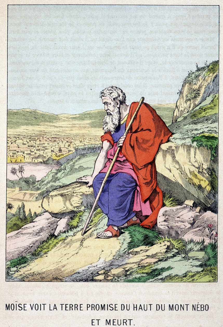 Moses sees the promised land from the top of Mount Nebo and dies - in “Life of Moses”, ed. Olivier Pinot, Epinal, late 19th century by French School